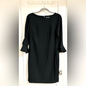 Karl Lagerfeld Black Midi Fitted Dress 3/4 Sleeve Flounce Boat Neck Size 8